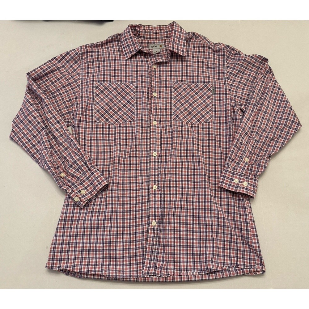 Carhartt Shirt Mens Large Plaid Red White Blue Long Sleeve Button Down Patriotic